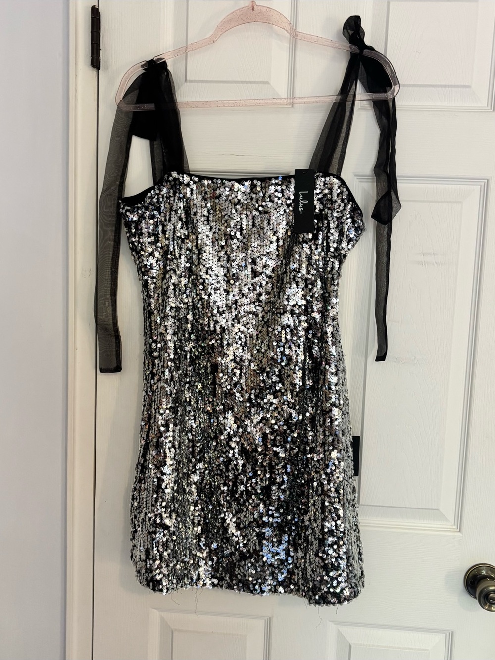 Lulu's Iridescent Sequin Mini Dress with Black Sheer Straps